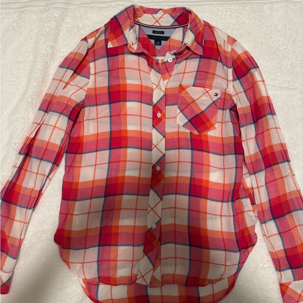 Plaid Button-Up Shirt - Red and White